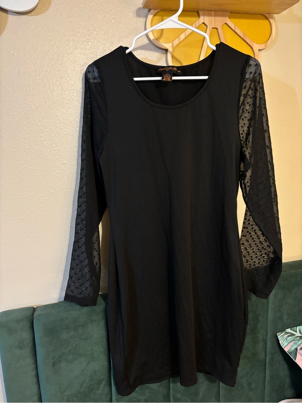 Black Long Sleeve Dress with Sheer Dotted Mesh Sleeves